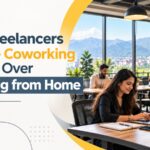 Freelancer working on a laptop in a modern coworking space