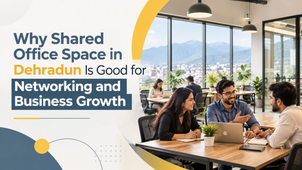 Shared office space in Dehradun with professionals networking and collaborating in a modern workspace.
