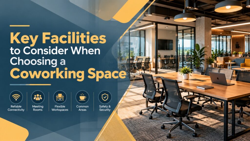 Key facilities to consider when choosing a coworking space, including high-speed Wi-Fi, comfortable workspaces, meeting rooms, pantry, security, and parking.